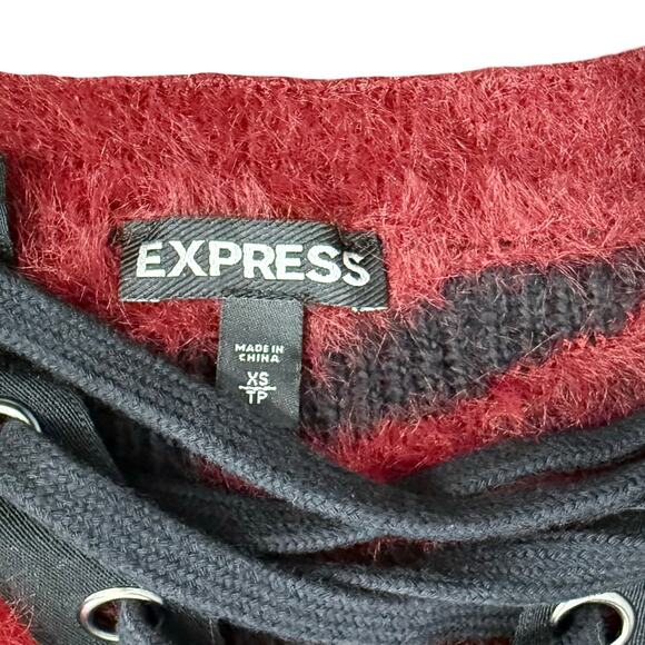 Express Red Black Tiger Stripe Lace Up V-Neck Fuzzy Eyelash Crop Sweater Size XS - Picture 7 of 9